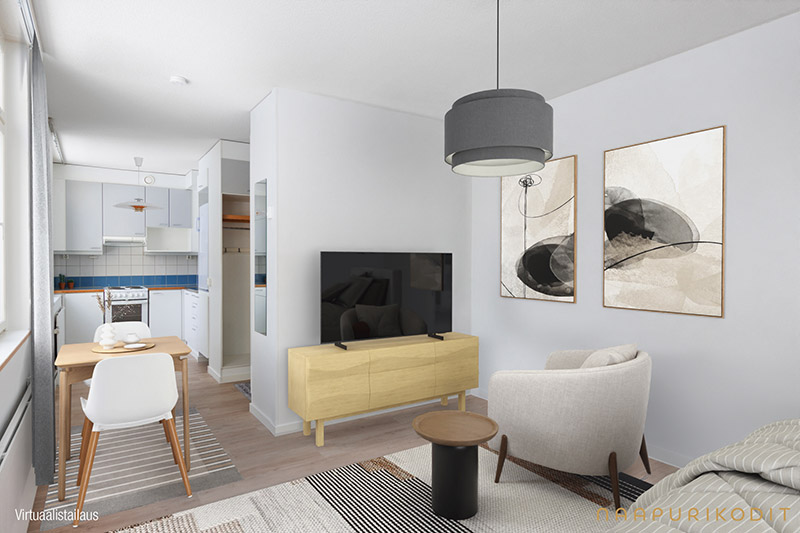 Lohkaretie yksiön olohuone 3D kuva kalustettuna